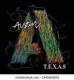 Austin Texas colorful typography in scribble and chaotic sketch.Clothing,t shirt,apparel and other uses.Vector illustration,Eps10.