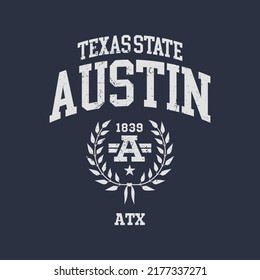 Austin, Texas design for t-shirt. College tee shirt print. Typography graphics for sportswear and apparel. Vector illustration.