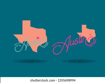 Austin Texas logo design with map and small mini heart, Vector EPS 10.