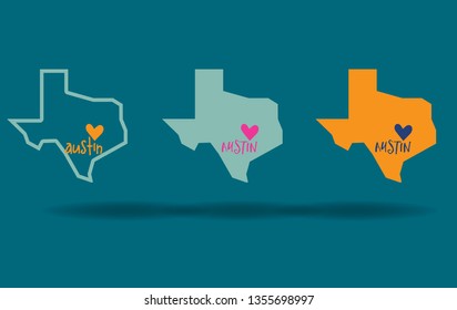 Austin Texas logo design with map and small mini heart, Vector EPS 10.