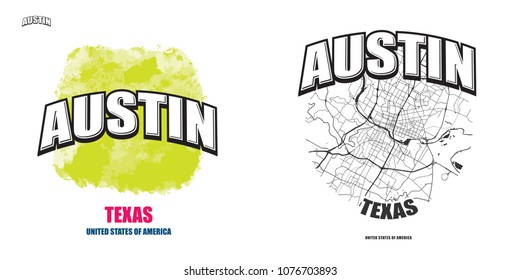Austin, Texas, logo design. Two in one vector arts. Big logo with vintage letters with nice colored background and one-color-version with map for every possible print production.
