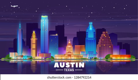 Austin Texas night city skyline vector illustration. Background with city panorama. Travel picture. 