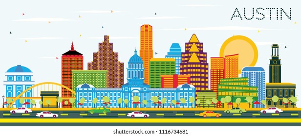 Austin Texas Skyline With Color Buildings And Blue Sky. Vector Illustration. Business Travel And Tourism Concept With Modern Architecture. Austin Cityscape With Landmarks.