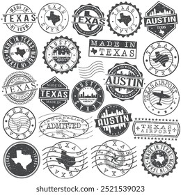 Austin, sello de Texas. Arte vectorial Postal. Diseño de Pasaporte de Viaje. Conjunto de viaje y negocios.	