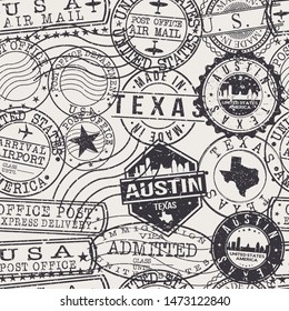 Austin Texas Stamps. City Stamp Vector Art. Postal Passport Travel. Design Set Pattern.