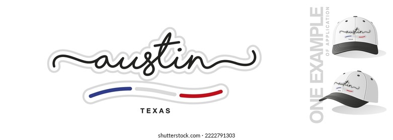 Austin Texas USA, abstract Texas flag ribbon, new modern handwritten typography calligraphic logo icon with example of application