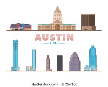 Austin Texas USA city landmarks. Vector Illustration. Business travel and tourism concept with modern buildings. Image for banner or web site.