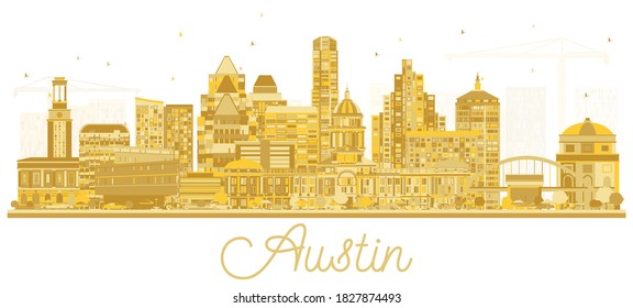 Austin Texas USA City Skyline Silhouette with Golden Buildings Isolated on White. Vector Illustration. Business and Tourism Concept with Historic Architecture. Austin Cityscape with Landmarks.