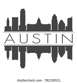 Austin Texas USA Skyline Vector Art Mirror Silhouette Emblematic Buildings 