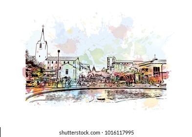 Austin, Texas, USA. Watercolor splash with hand drawn sketch illustration in vector.
