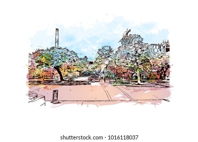 Austin, Texas, USA. Watercolor splash with hand drawn sketch illustration in vector.
