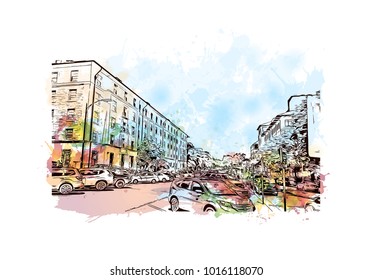 Austin, Texas, USA. Watercolor splash with hand drawn sketch illustration in vector.