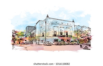 Austin, Texas, USA. Watercolor splash with hand drawn sketch illustration in vector.