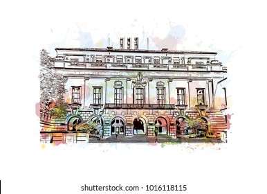Austin, Texas, USA. Watercolor splash with hand drawn sketch illustration in vector.