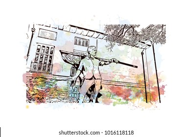 Austin, Texas, USA. Watercolor splash with hand drawn sketch illustration in vector.