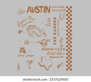 Austin Texas vacation vector design, western desert holidays vector artwork for t shirt, sweater, graphic print, Texas racing club, country life artwork