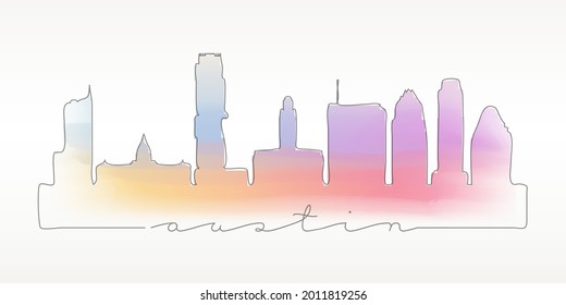 Austin, TX, USA Skyline Watercolor City Illustration. Famous Buildings Silhouette Hand Drawn Doodle Art. Vector Landmark Sketch Drawing.