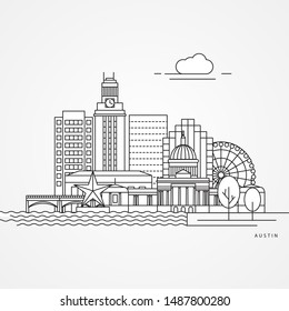 Austin USA, detailed silhouette. Trendy vector illustration, flat style. Stylish Landmark. Concept for a web banner. Business travel icon
