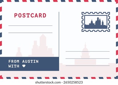 From Austin, USA postal card template. Vector postcard illustration with stamp, landmark, message. Simple flat greetings image layout