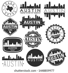 Austin USA Skyline Vector Art Stamps. Silhouette Emblematic Buildings.