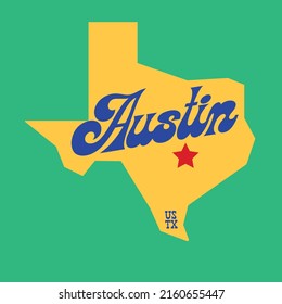 Austin in yellow Texas state map on green background can be use for souvernier printing coffee mug cap T-shirt website template vector eps.