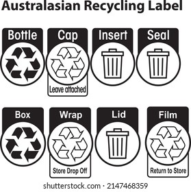 
Etiqueta de reciclaje australiana. Los iconos de embalaje y reciclado se establecen aislados en fondo blanco. Signo de reciclaje y limpieza ambiental. Logo reutilizable. Ilustración vectorial.