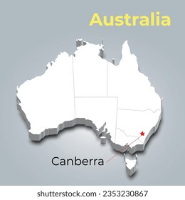 Australia 3d map with borders of regions and it’s capital
