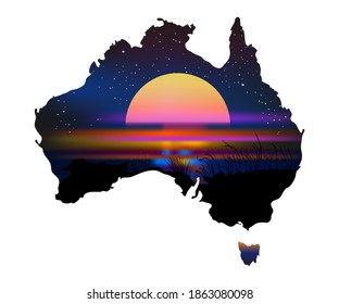Australia Aboriginal continent with sunset isolated on white background. Australia map in traditional aboriginal flag colors. Australia Aboriginal day. Naidoc week.Union jack.Reconciliation Day.Vector