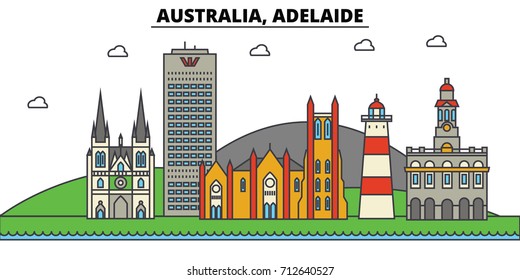 Australia, Adelaide. City skyline: architecture, buildings, streets, silhouette, landscape, panorama, landmarks. Editable strokes. Flat design line vector illustration concept. Isolated icons set