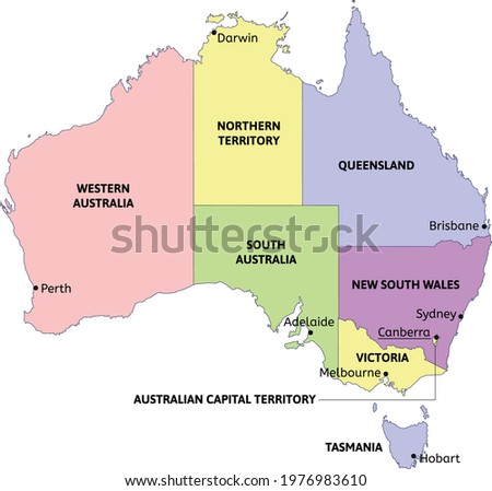 Australia administrative map with states and capitals. Colored. Vector