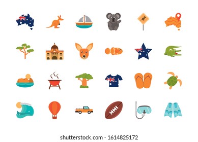 australia animal things famous sites icons set on white background vector illustration