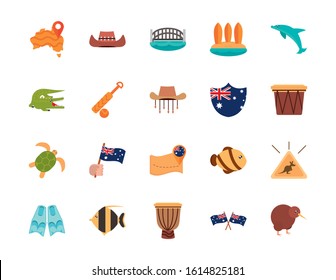 australia animal things famous sites icons set on white background vector illustration