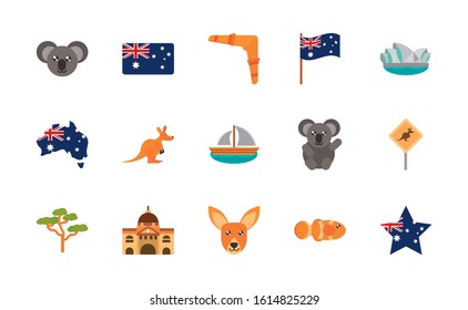 australia animal things famous sites icons set on white background vector illustration