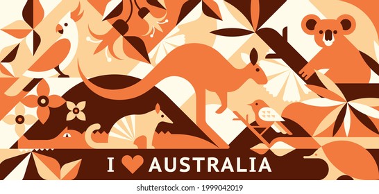 Australia animals abstract vector background. Geometric forest illustration for graphic print, greeting card, banner.