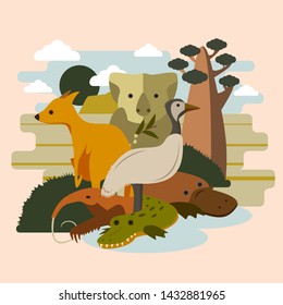 Australia. Animals: Kangaroo, anteater, ostrich, platypus, koalla, crocodile. Vector illustration