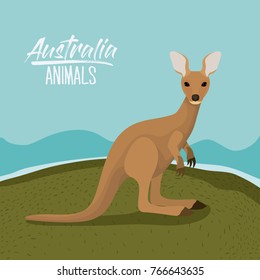 australia animals poster with kangaroo outdoor scene in colorful silhouette