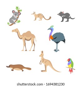 Australia animals set in flat style isolated on white background. Vector stock illustration.