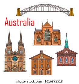 Australien Architektur Wahrzeichen, Sydney berühmte historische Gebäude. Vector St. Mary und James Kirche, St. Andrews Kathedrale, Australian Harbour Bridge und Hyde Park Kasernen