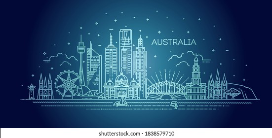 Australia architecture line skyline illustration. Linear vector cityscape with famous landmarks