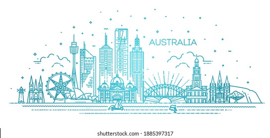 Australia architecture line skyline illustration. Linear vector cityscape with famous landmarks