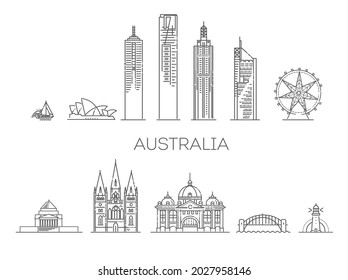 Australia architecture line skyline illustration. Linear vector cityscape with famous landmarks