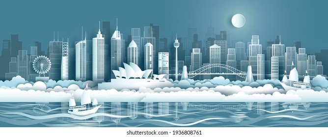 Australia architecture travel landmarks and reflection of sydney and opera house famous and popular, Tour cityscape with panorama view , paper origami, paper art style for travel poster and postcard.