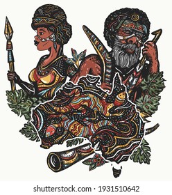 Australia art concept. Ethnic Australian woman in traditional costume. Aboriginal tribes bushmen. Boomerang,  didgeridoo, map. Tradition, people, culture. Color tattoo and t-shirt design 