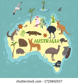 Australia and Australian animals. Inscription Australia. Vector graphics.