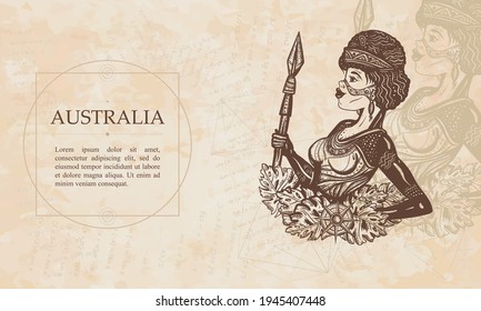 Australia. Australian Ethnic Tribe Aboriginal Woman. Ancient Warrior Girl. Renaissance Background. Medieval Manuscript, Engraving Art 