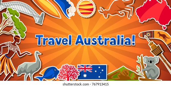 Australia banner design. Australian traditional sticker symbols and objects.