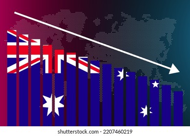 Australia Bar Chart Graph, Decreasing Values, Crisis And Downgrade Concept, Australia Flag On Bar Graph, Down Arrow On Data, News Banner Idea, Fail And Decrease, Financial Statistic