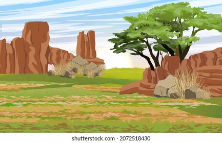 Australia. Big red rocks, rocks, trees and desert soil. Realistic vector landscape