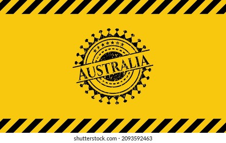 Australia black grunge emblem inside yellow warning sign. Vector Illustration. Detailed. 