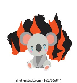 Australia black silhoette. Forest fires in Australia. Pray for Sydney and Pray for Australia. Ecology problem. Environment. For posters. Sad koala crying. Cartoon flat style